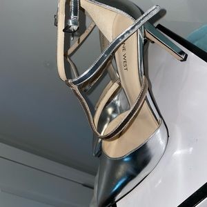 Silver Nine West heels with rose gold straps